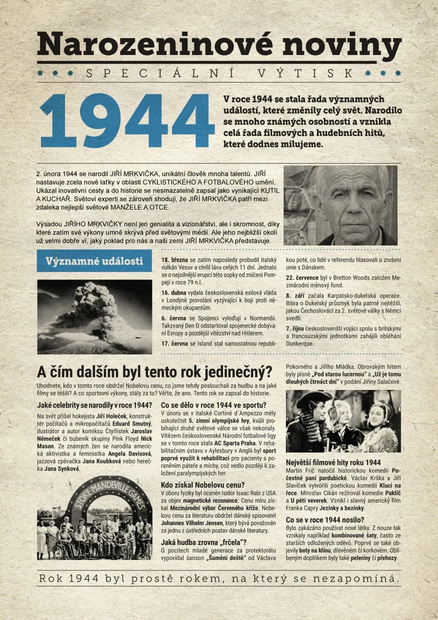 Narozeninové noviny 1944 s vlastní fotografiía textem, S textem