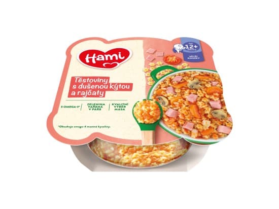 HAMI masozeleninový talířek Těstoviny s dušenou kýtou a rajčaty 230g
