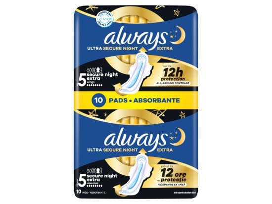 Always Ultra Secure Night Extra Hygienické vložky s křidélky, velikost 5, 10 ks