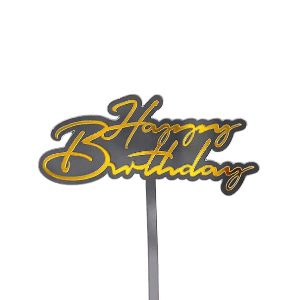 Dekorativní zapichovátko s nápisem Happy Birthday Zlatý dortový nápis k narozeninám