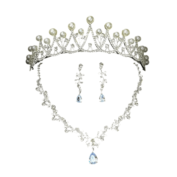 Elegantní svatební sada diadému náhrdelníku a náušnic s perlami Luxusní dámská korunka Vlasové doplňky Šperkový set pro nevěsty oslavy