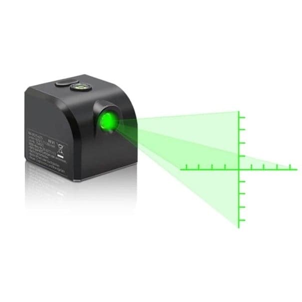 Mini laserová vodováha Zelený laser Křížová linie se stupnicí Dosah 3–30 m 40 x 35 x 38 mm Magnet a libela Černá Na domácí použití