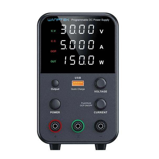 Šedý laboratorní napájecí zdroj 30V 5A 150W Mini stejnosměrný zdroj s LED displejem Rychlonabíjení USB-A a USB-C Duální vstup