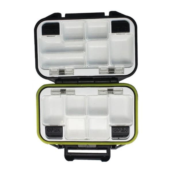 Vodotěsný box na rybářské náčiní s oboustranným otevíráním 11,5 x 9 x 3,5 cm Pevný přenosný organizér na háčky a nástrahy Odolný