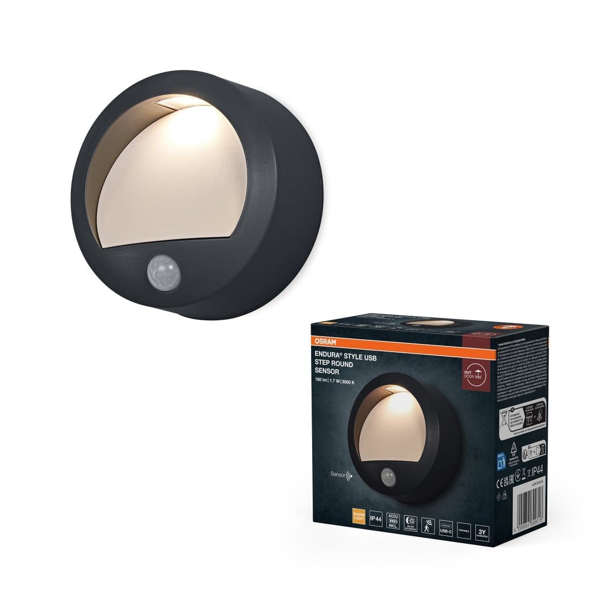 Venkovní svítidlo ENDURA® Style USB nástěnný, šedá, teplá bílá
