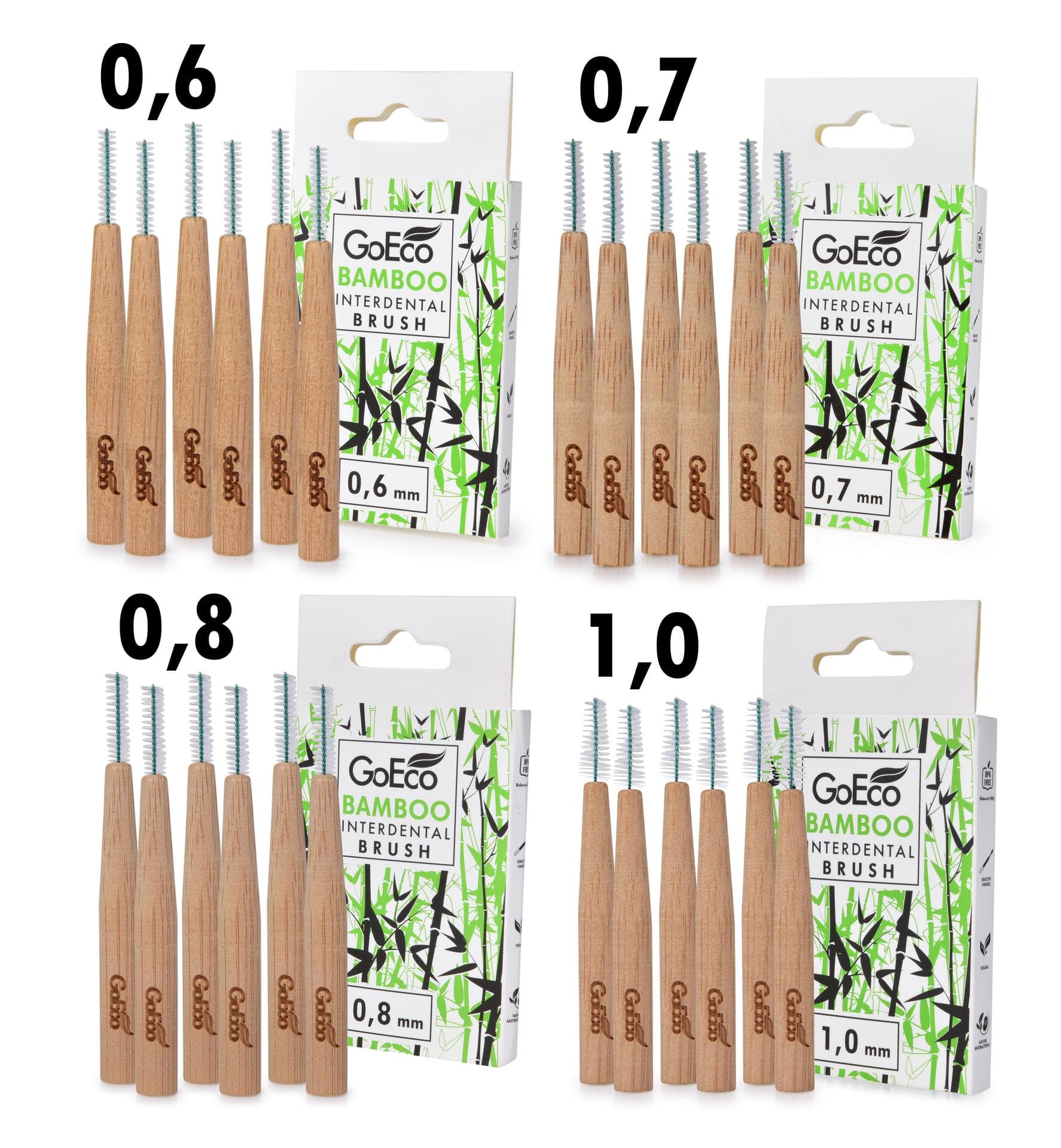 3+1 ZDARMA | GoEco® BAMBOO | mezizubní kartáčky | 0,6 + 0,7 + 0,8 + 1 mm | 24 ks | z bambusu