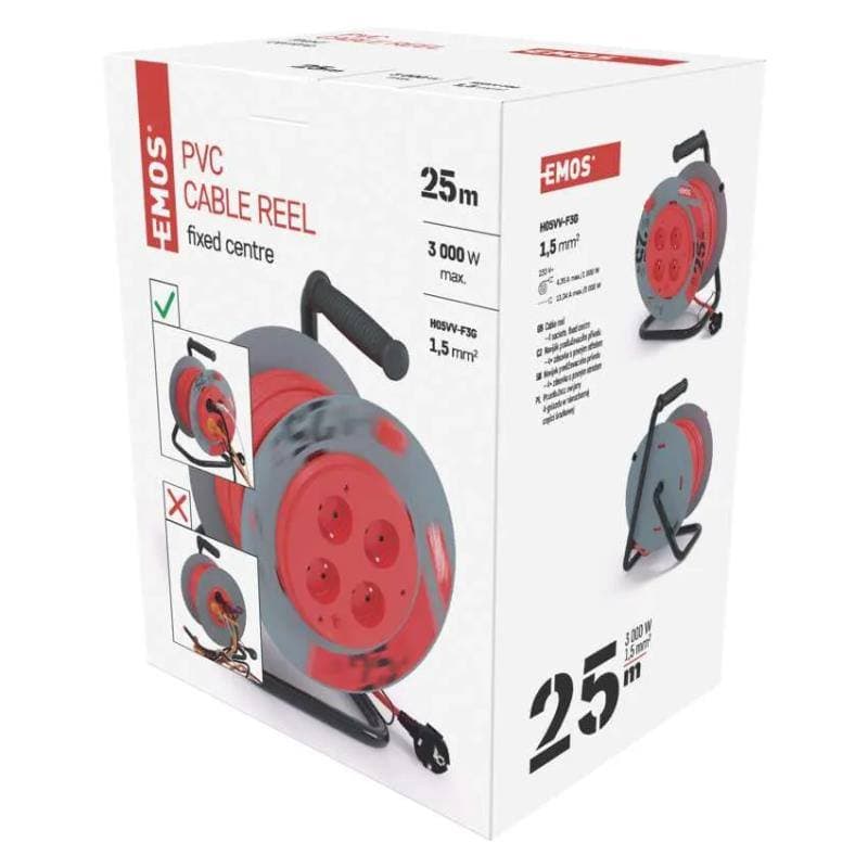 Kabel prodlužovací, 25m / 230V, cívka, 4 zásuvky, pevný střed