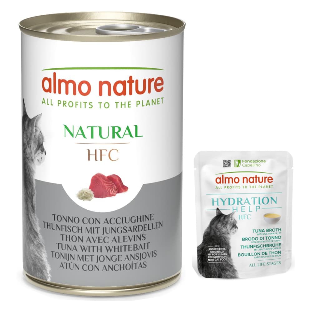 Almo Nature HFC 12 x 140 g + 6 x 50 g HFC Hydration Help zdarma - HFC 12 x 140 g Tuk s mladmi sardinkami + Hydration Help tukov vvar s filetem