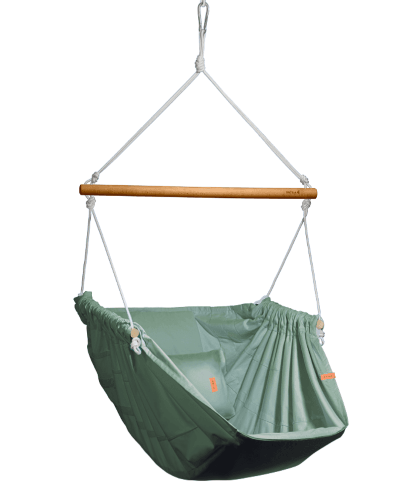 Závěsné relaxační křeslo olivové HOJDAVAK MAXIMUS OUT s polštářkem, Dřevo Outdoor, Lano bílé