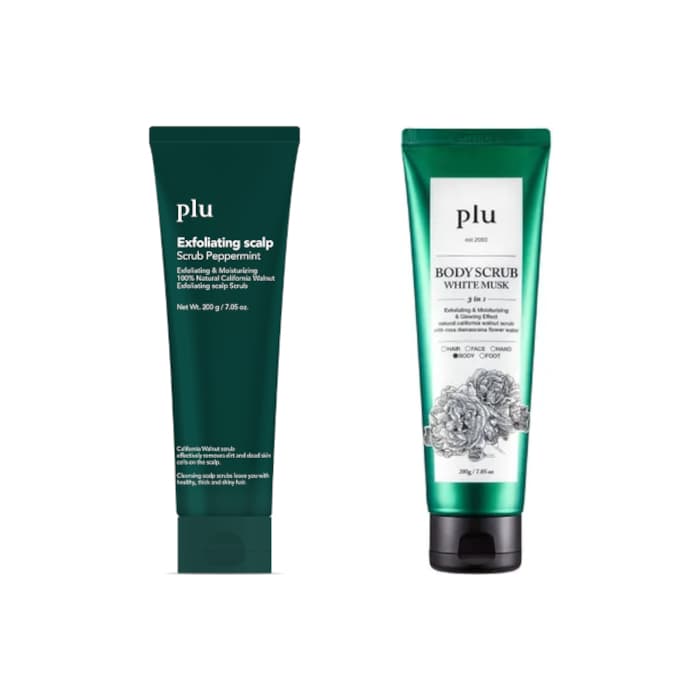 plu - Exfoliating Scalp Scrub Peppermint - 200g (1za kus) & Body Scrub - 200g -White Musk (1za kus) Set