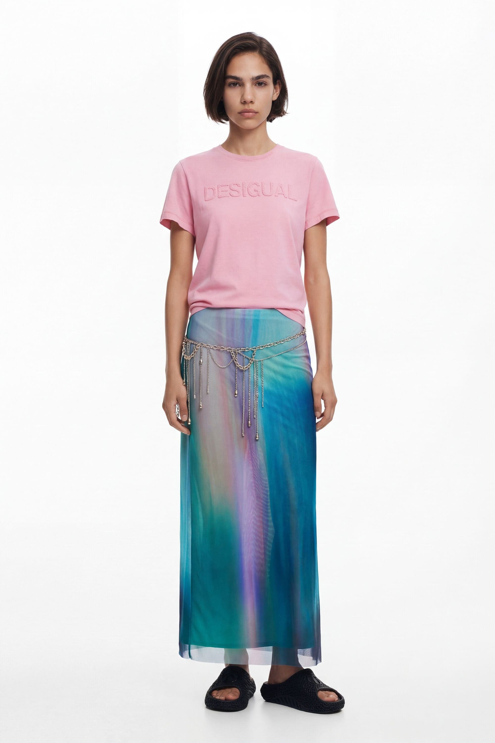 Desigual, Tylová sukně s rozmazaným efektem, Polyester, Zelená, XS