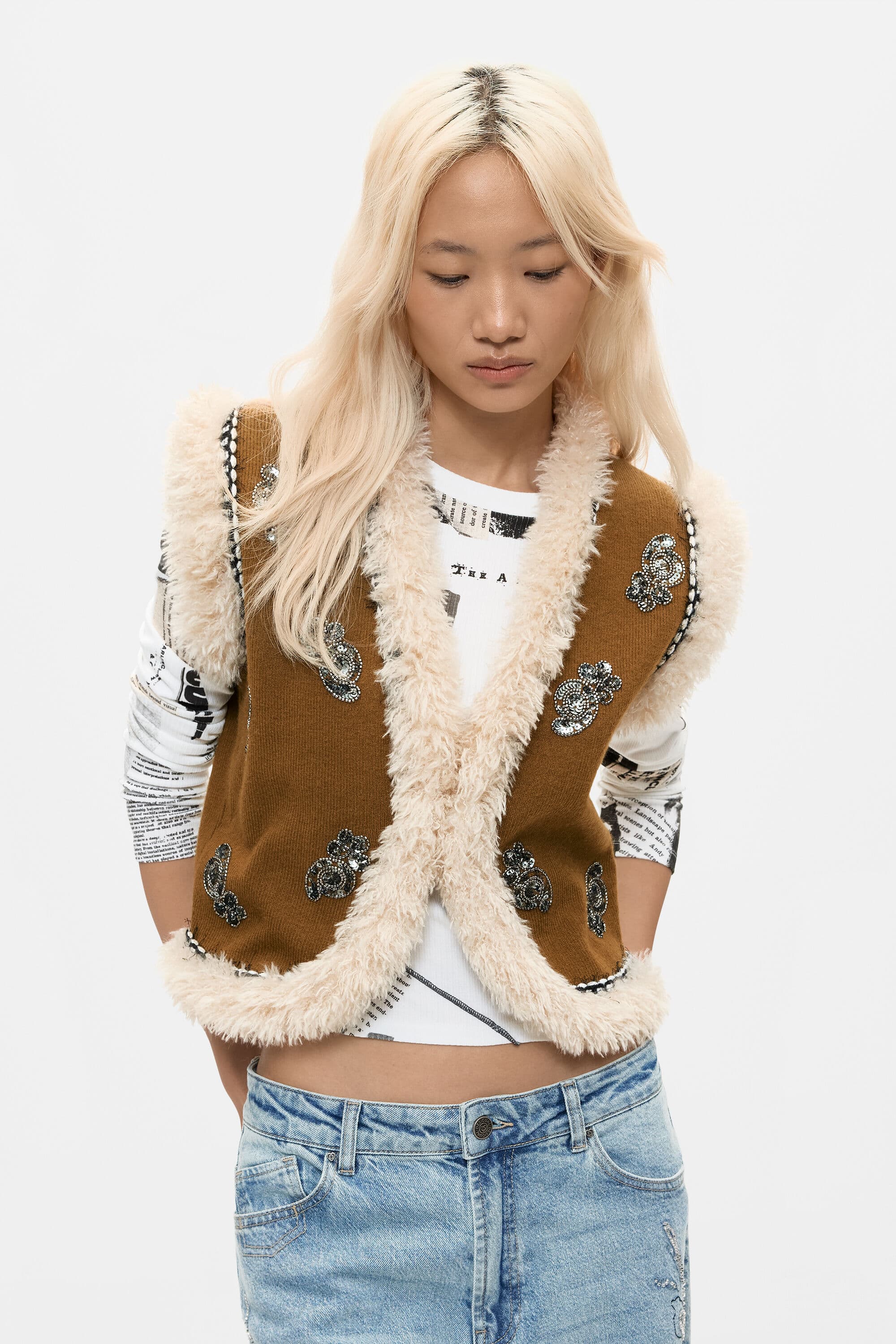 Desigual, Vyšívaná vesta z kožešiny, DáMske, Zelená, M
