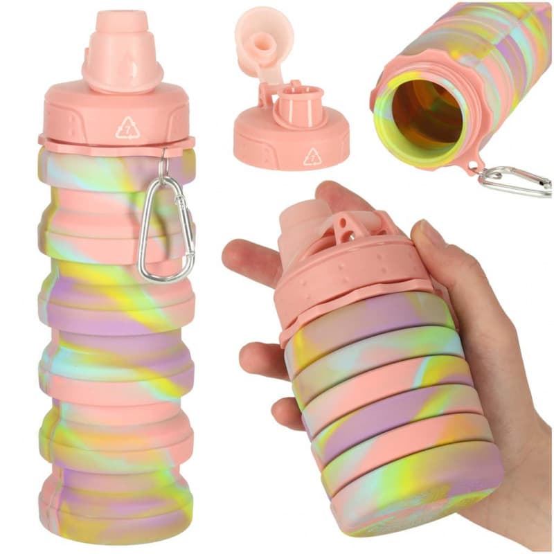 Láhev na vodu silikonová skládací s držadlem BPA Free 500ml duhová