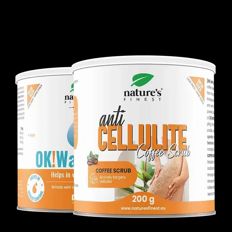 Cellulite Fix | anticelulitní kávový peeling + drenážní nápoj WaterOut | podpora hladší pleti, pevnosti, vodní rovnováhy a tvaru postavy