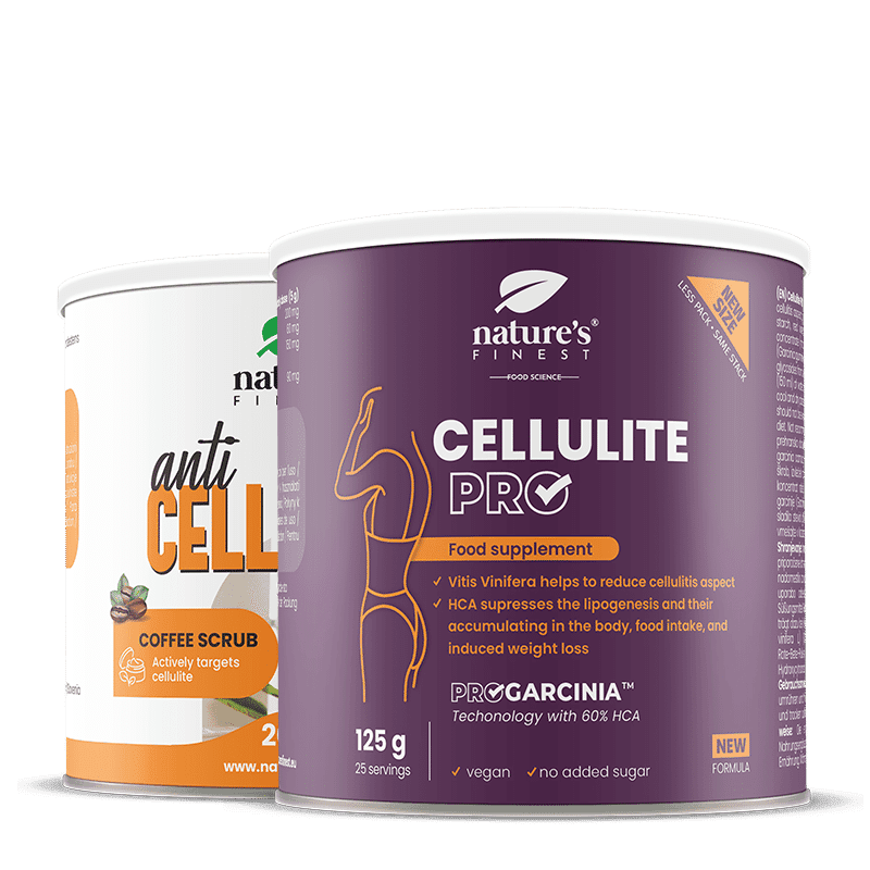 Nature's Finest Double Cellulite Attack | 2krokový režim pro vzhled celulitidy | garcinie + extrakt z červeného vína + peelingový kávový scrub